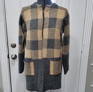 Yaira women's tan grey checkered open cardigan with patch pockets size L…